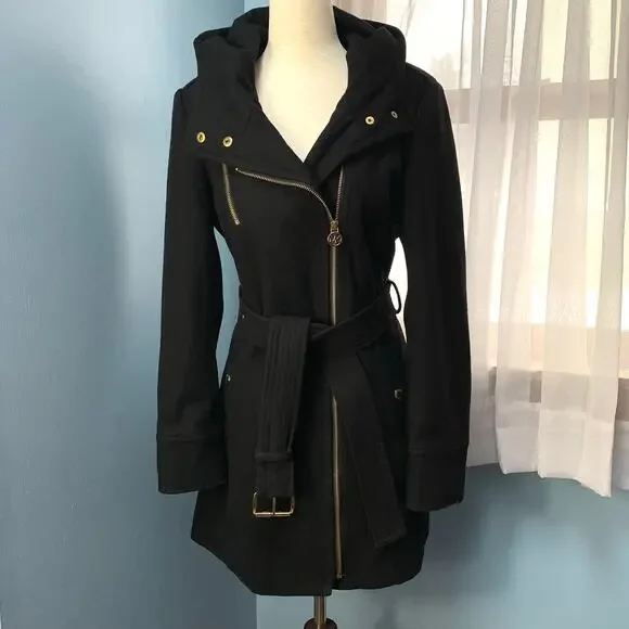 Michael Kors Black Belted Wool Pea Coat Size 6 - Picture 8 of 8